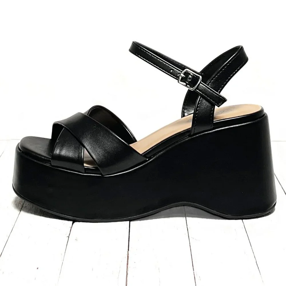 New Black Cross Platform Wedge Sandals - Picture 2 of 6